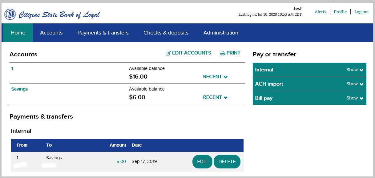 online banking screenshot